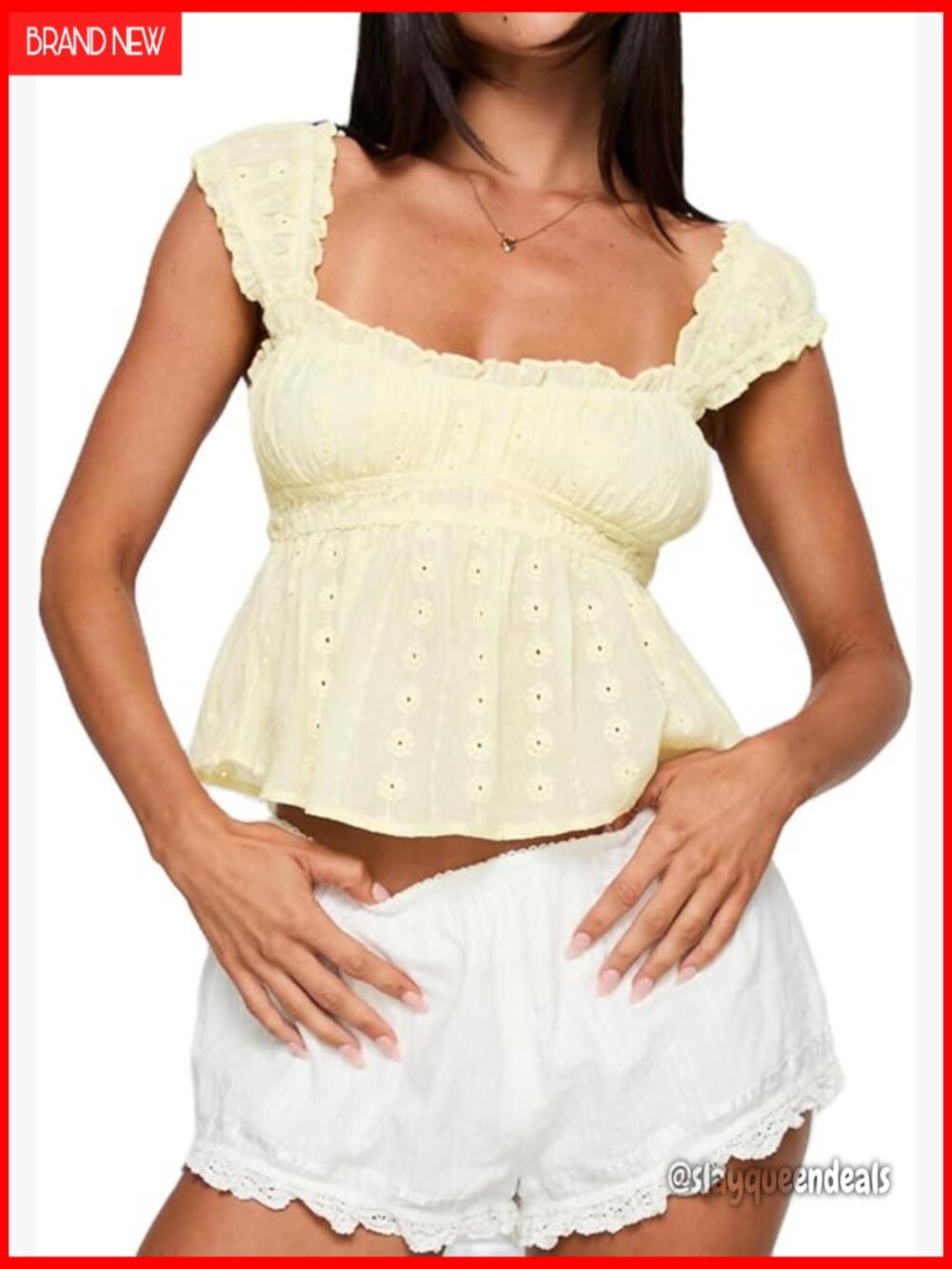 Ruched Babydoll Top Ruffle Sleeveless Square Neck Eyelet Lace Peplum